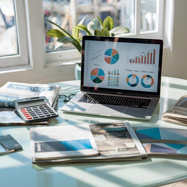 An Organized Desk With Laptop Calculator Newspapers And Charts For Financial Analysis For Social Premium AI Generated Image 1