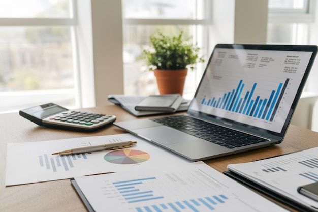 Espaco De Trabalho Com Grafico De Barras Impresso Com Caneta Portatil E Calculadora Imagem Premium Gerada Com IA
